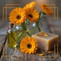 Calendula flowers in jar with bar of calendula soap