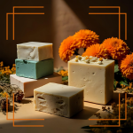 Picture of handmade soaps with calendula flowers in background