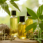 Picture of three bottles of herbal body oils surrounded by leaves