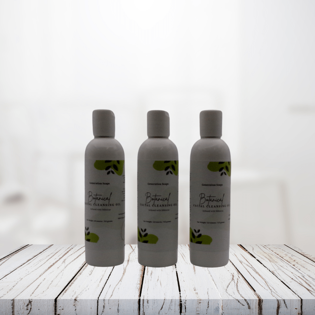 Botanical Facial Cleansing Oil for dry to mature skin, 4 oz bottles on wooden surface.
