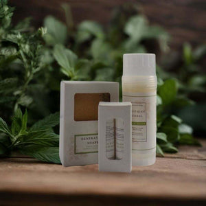 Calendula Care Trio Collection with natural soap, soothing herbal lotion, and calendula shea butter lip balms for sensitive skin care
