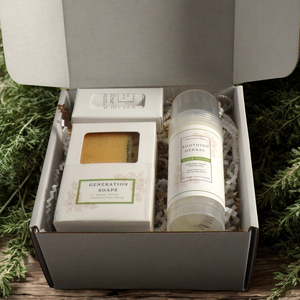 Calendula Care Trio Collection with natural soap, soothing solid lotion, and calendula shea butter lip balms