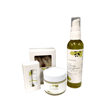 Calming Comfort Gift Set with lavender soap, herbal body oil, comfort balm, and lip balm.