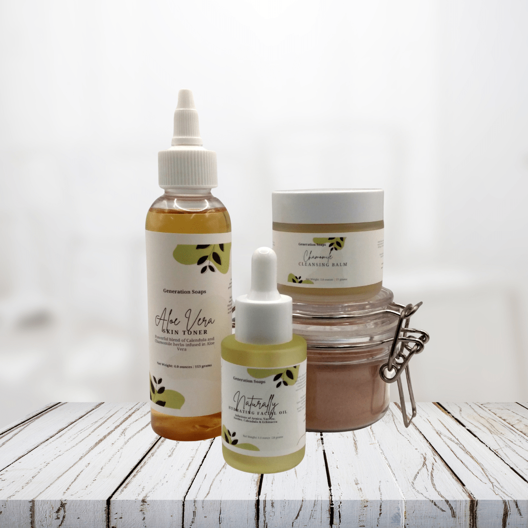 Healthy Glow Herbal Skincare Gift Set featuring Aloe Vera toner, cleansing balm, and facial oil on a wooden surface.