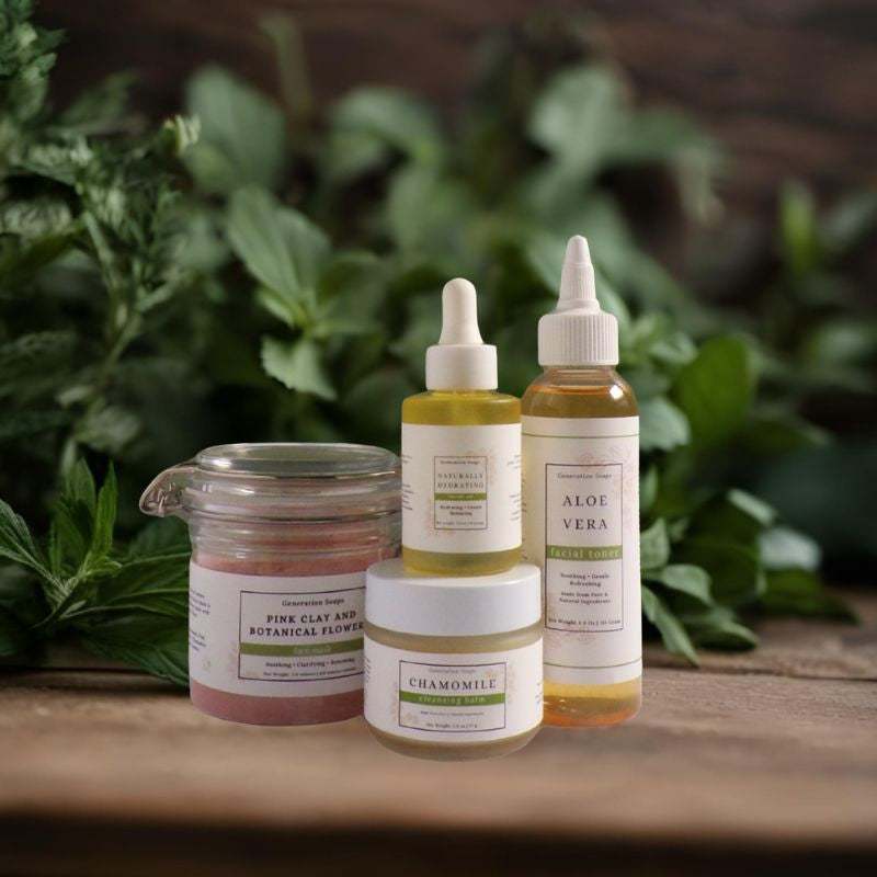 Healthy Glow Herbal Skincare Gift Set with natural botanical face mask, cleansing balm, hydrating oil, and aloe vera toner
