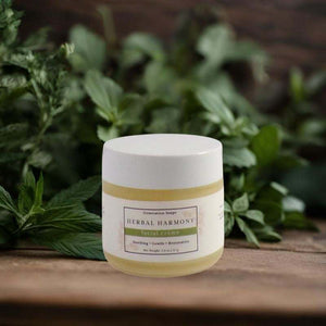 Herbal Harmony Facial Crème jar with natural herbal ingredients for soothing, gentle, and restorative skincare
