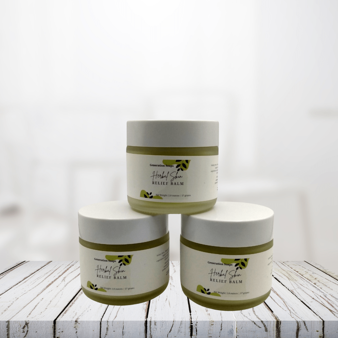 Herbal Skin Relief Salve jars on a wooden surface, designed for soothing dry and irritated skin.