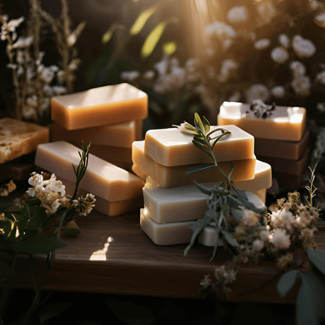 picture of herbal bars of soap with flowering herbs in background