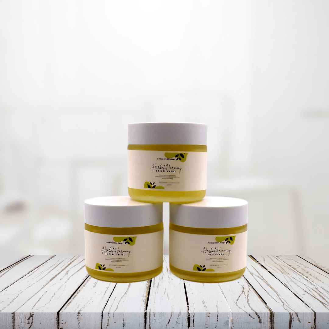 Herbal Harmony Facial Crème jars on wooden surface, soothing skincare product for hydration and nourishment.