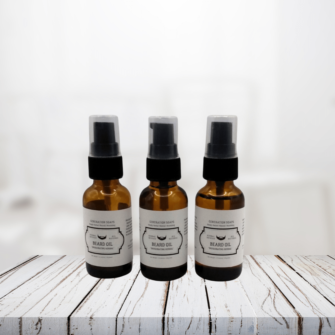 Invigorating Herbal Beard Oil bottles on a wooden surface.