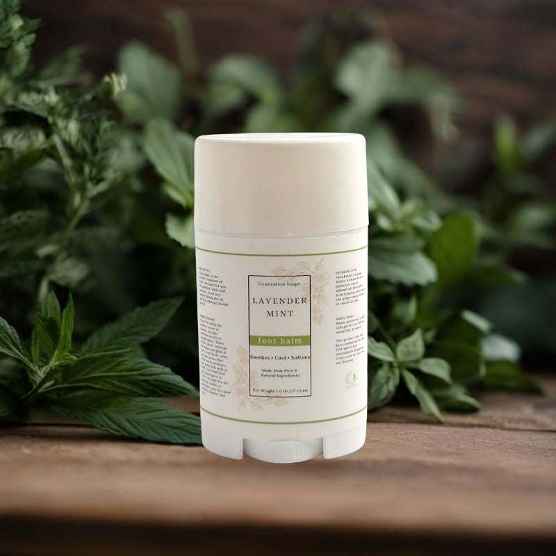 Lavender Mint Foot Balm tube with natural ingredients for soothing and moisturizing feet