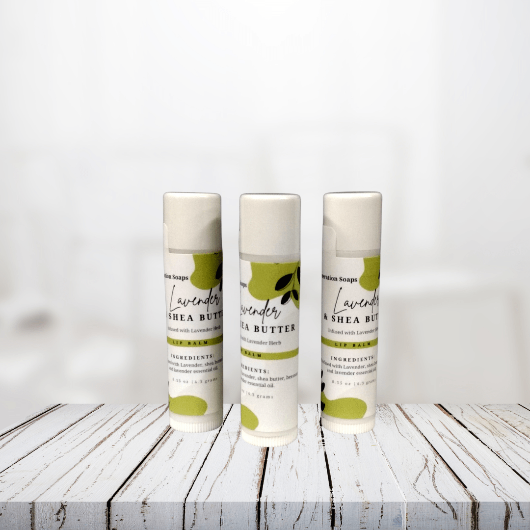 Lavender and Shea Lip Balm on a wooden surface in a serene setting.