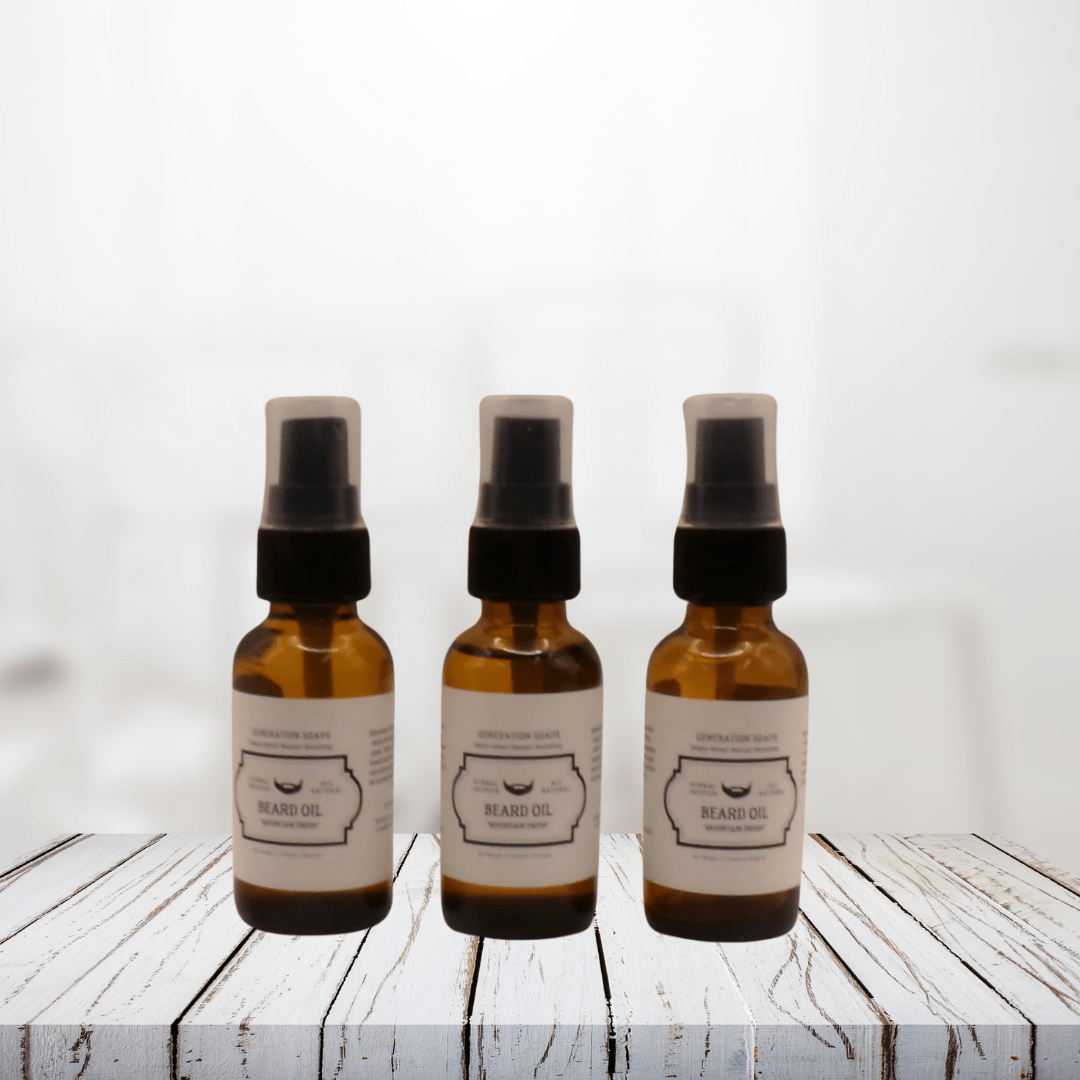 Mountain Fresh Beard Oil bottles on wooden table, showcasing natural product for moisturizing and softening beards.