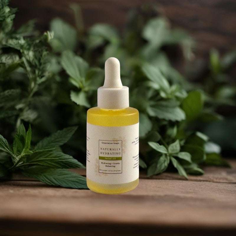Bottle of naturally hydrating facial oil with botanical ingredients on white background