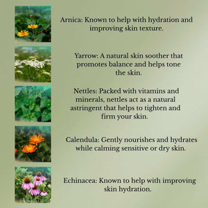 Bottle of naturally hydrating facial oil with botanical ingredients on a white background