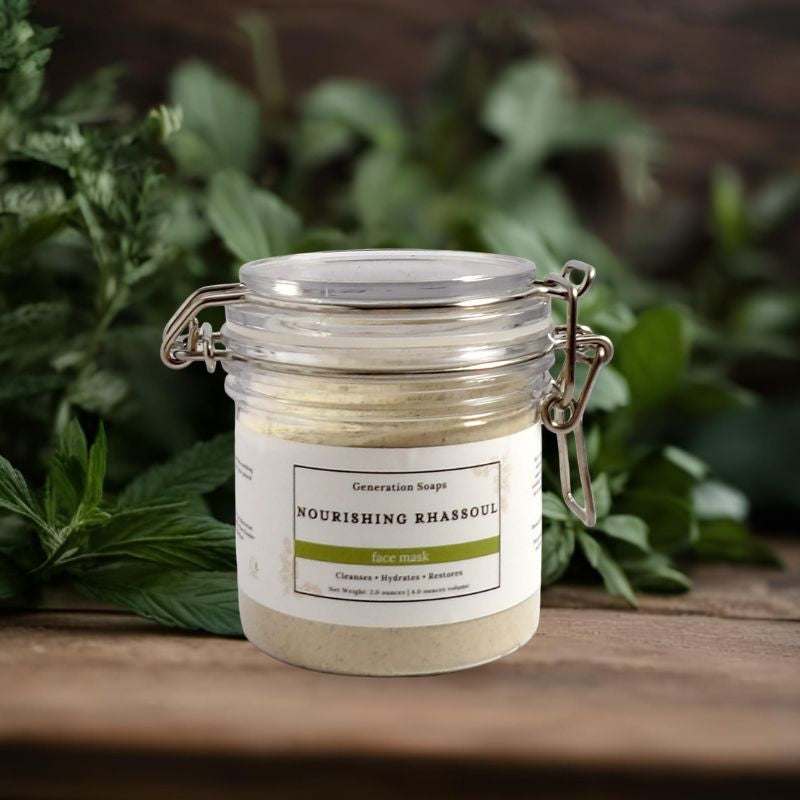 Nourishing Rhassoul Face Mask jar with natural clay and botanical ingredients for hydrating and restoring skin