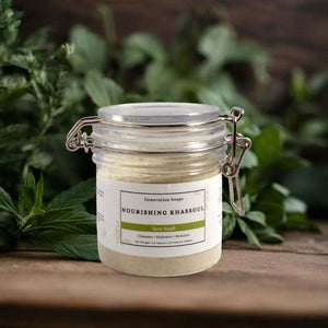 Nourishing Rhassoul Face Mask jar with natural clay and botanical ingredients for hydrating and restoring skin