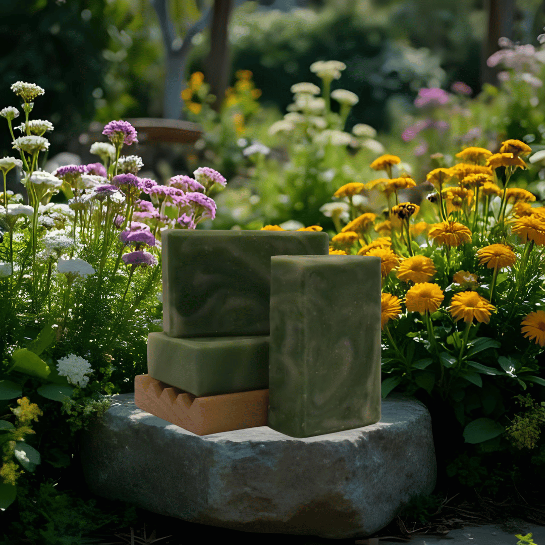 Three bars of herbal soap sitting on  rock in a field of herbal flowers