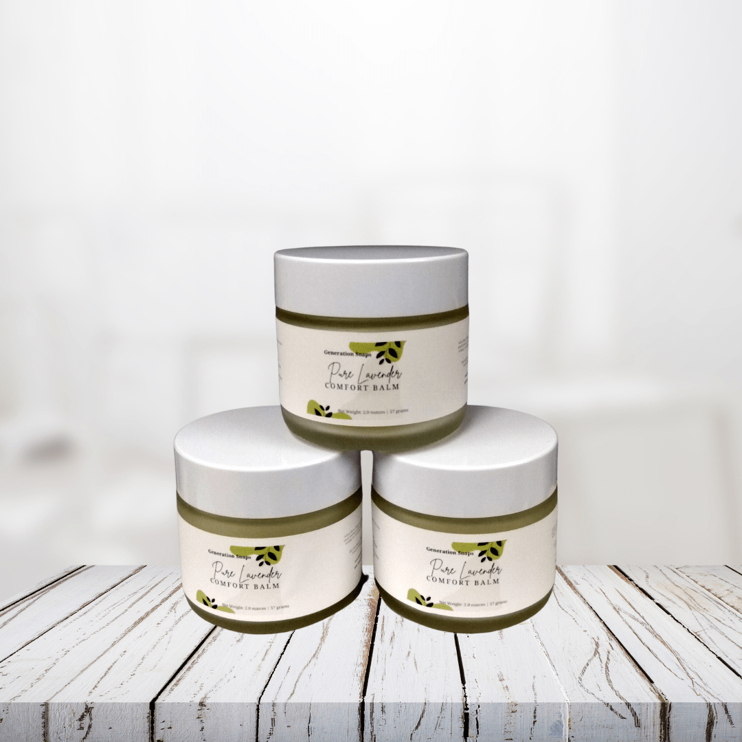 Pure Lavender Comfort Salve jars stacked on a wooden surface with soothing lavender scent for stress relief and skin care.