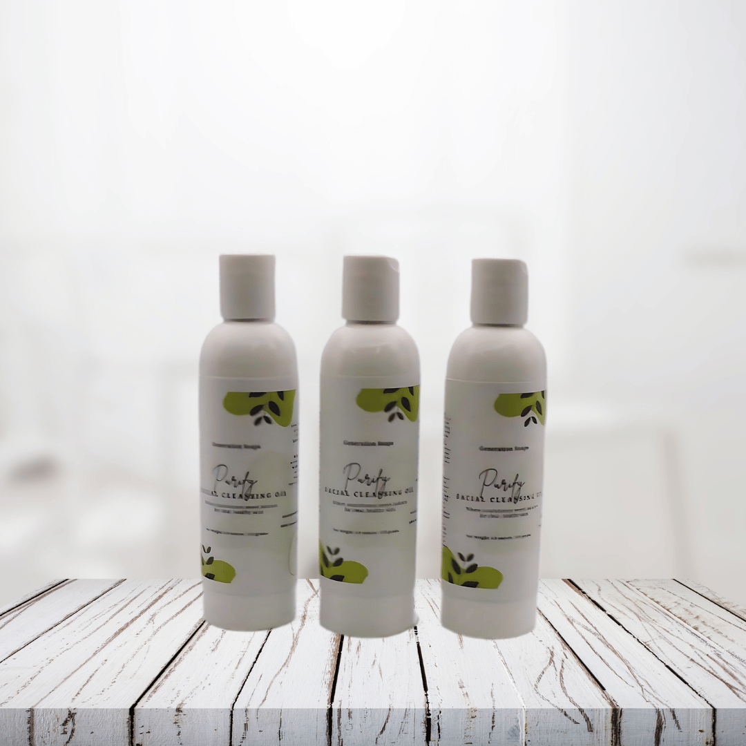 Purify Facial Cleansing Oil bottles on wooden surface for oily to combination skin.