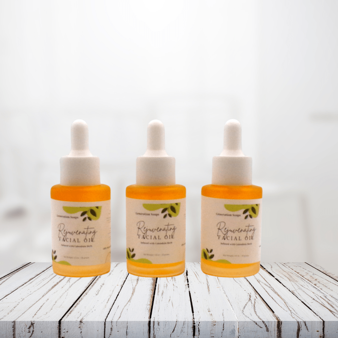 Rejuvenating Facial Oil bottles on wooden surface, skincare product for healthy complexion.