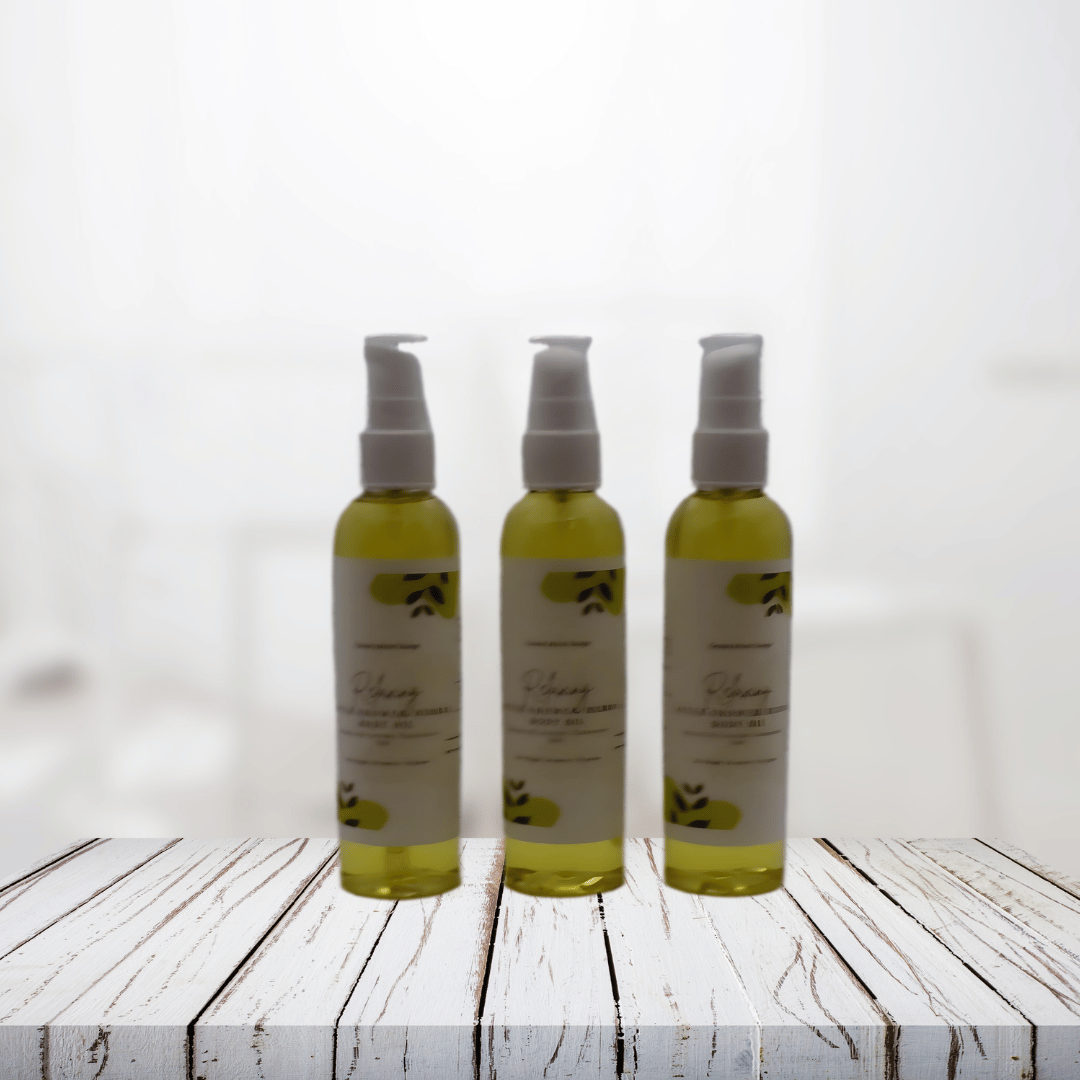 Relaxing After-Shower Herbal Body Oil bottles on a wooden surface.