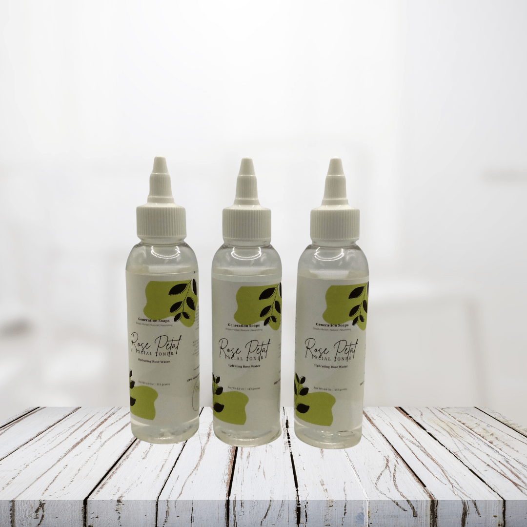 Rose Petal Facial Toner bottles on a wooden surface, featuring hydrating rose water and soothing aloe vera.