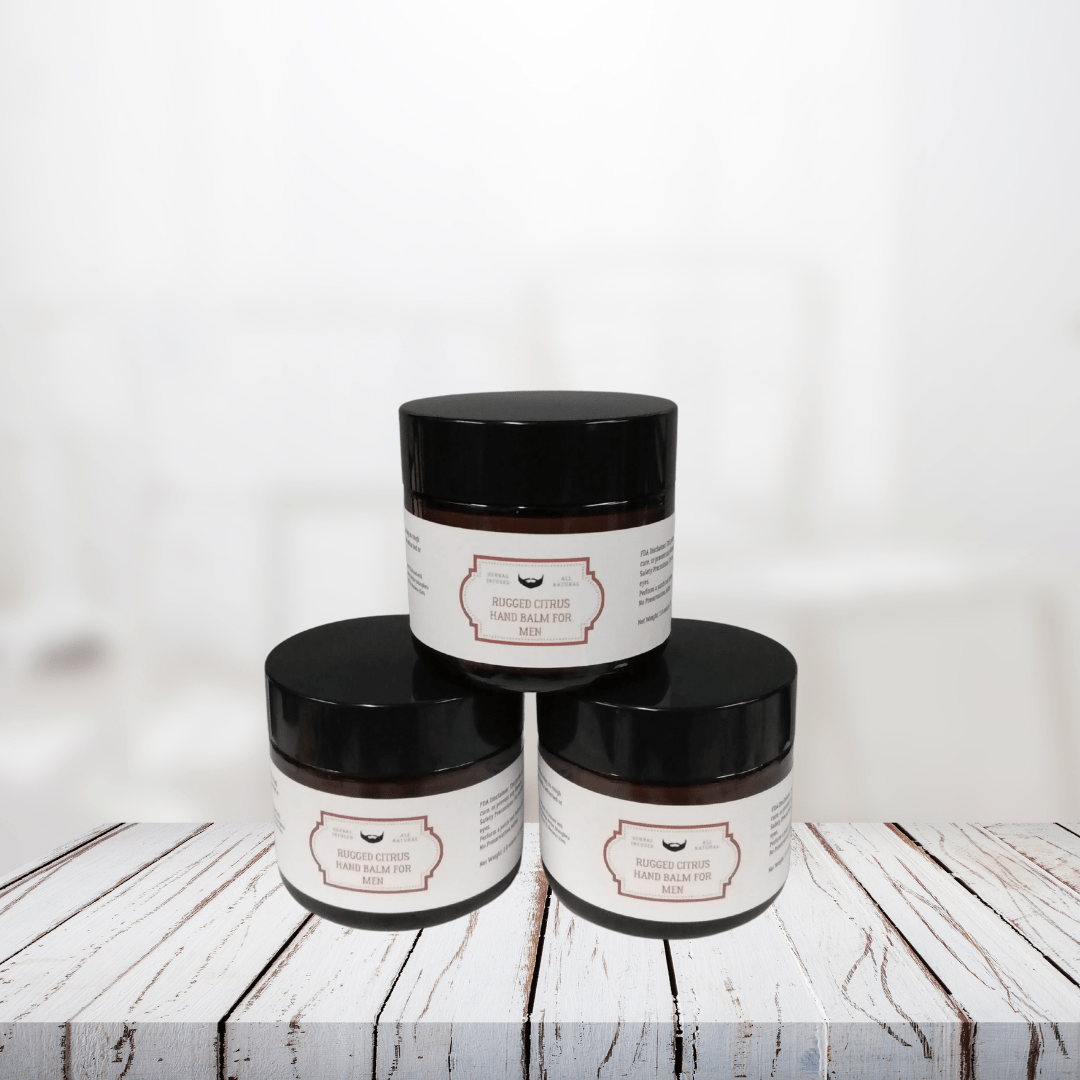 Rugged Citrus Hand Balm for Men in jar packaging on a wooden surface.