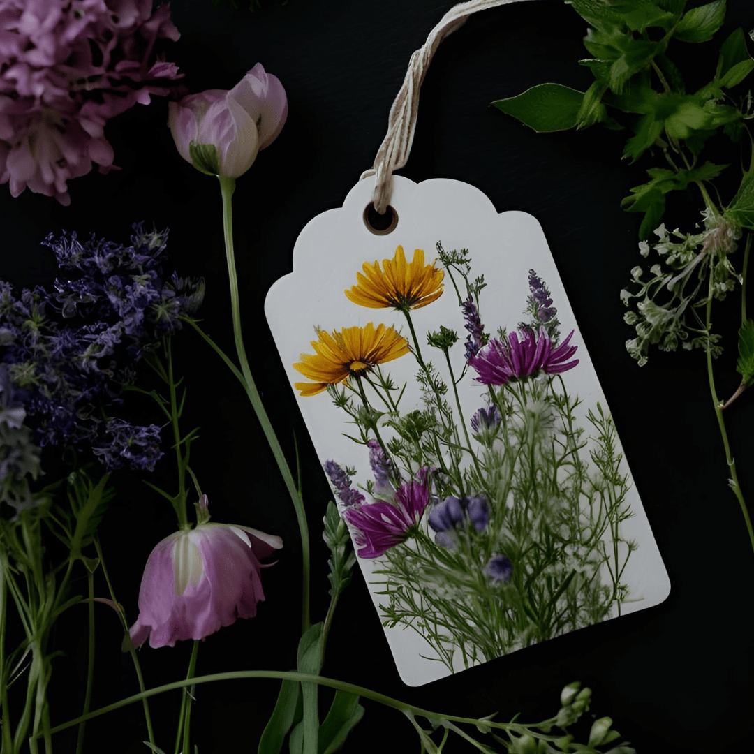 Herbal flowers gift tag on dark background, highlighting digital gift cards for herbal skincare.