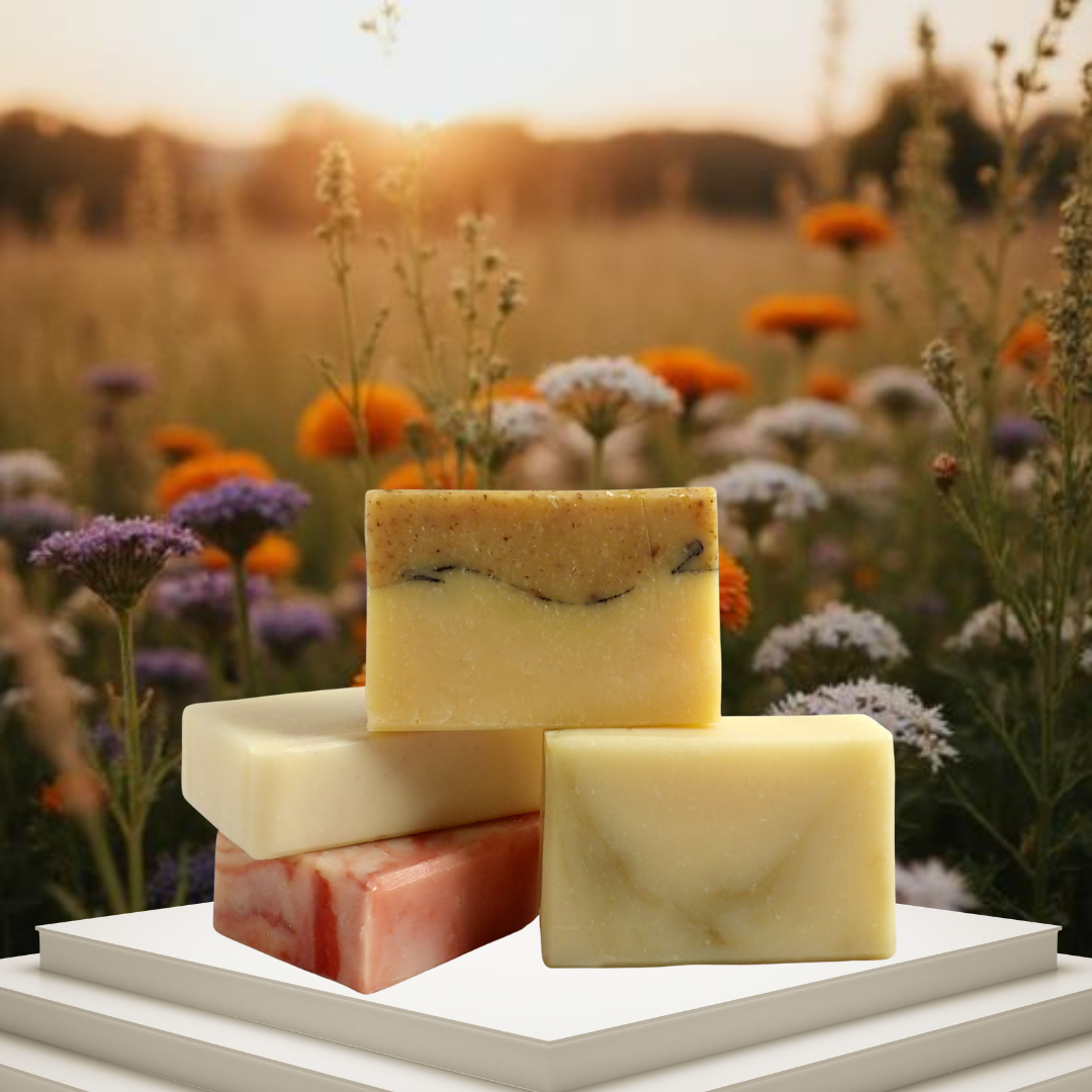 Wisconsin in Bloom herbal soap collection with calendula, lavender, elderflower, yarrow, and rose botanicals on wooden surface