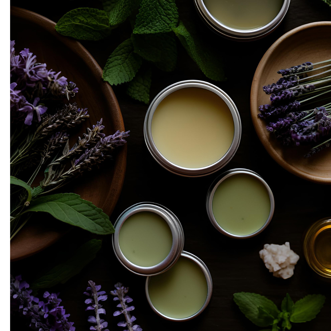 picture of lavender herbs and salves in metal tins