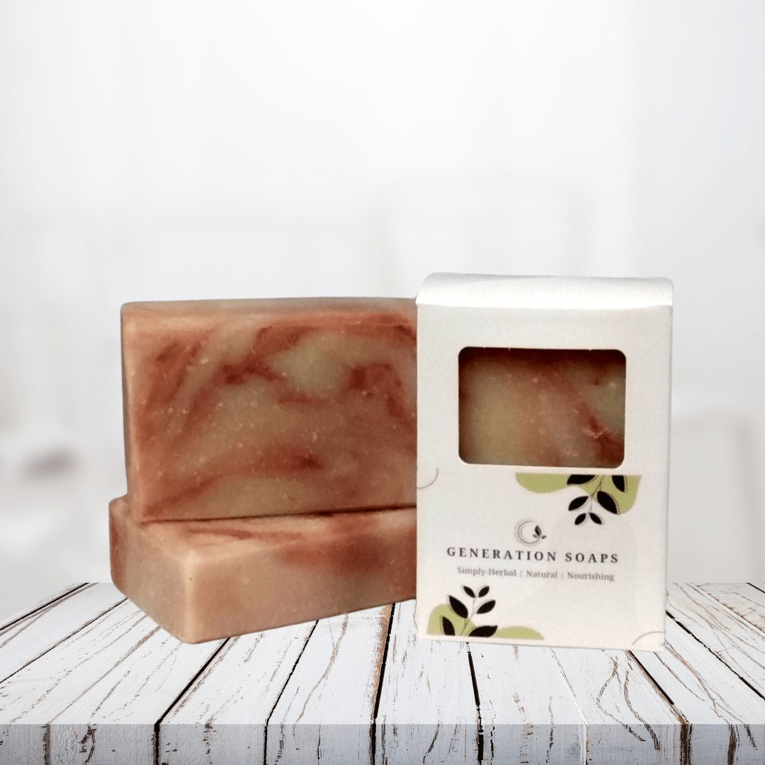 Natural soap bars on wooden soap dish with yarrow and rose swirl pattern.