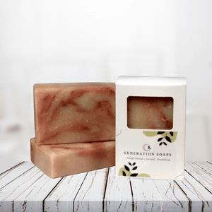 Natural Soap Yarrow and Rose on wooden table, herbal ingredients, eco-friendly packaging.