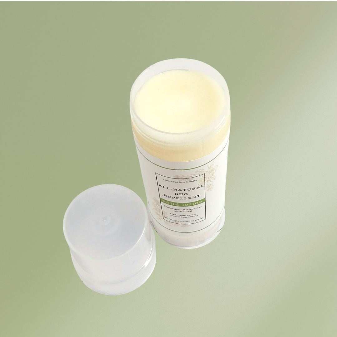 All-Natural Bug Repellent Lotion Stick in portable solid tube with botanical ingredients