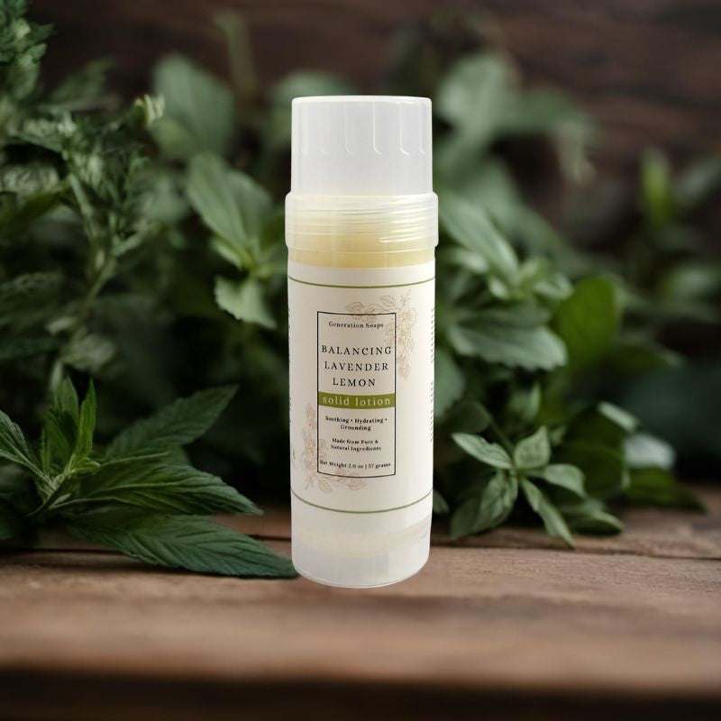 Balancing Lavender Lemon solid lotion bar with natural butters and oils for moisturizing and soothing skin