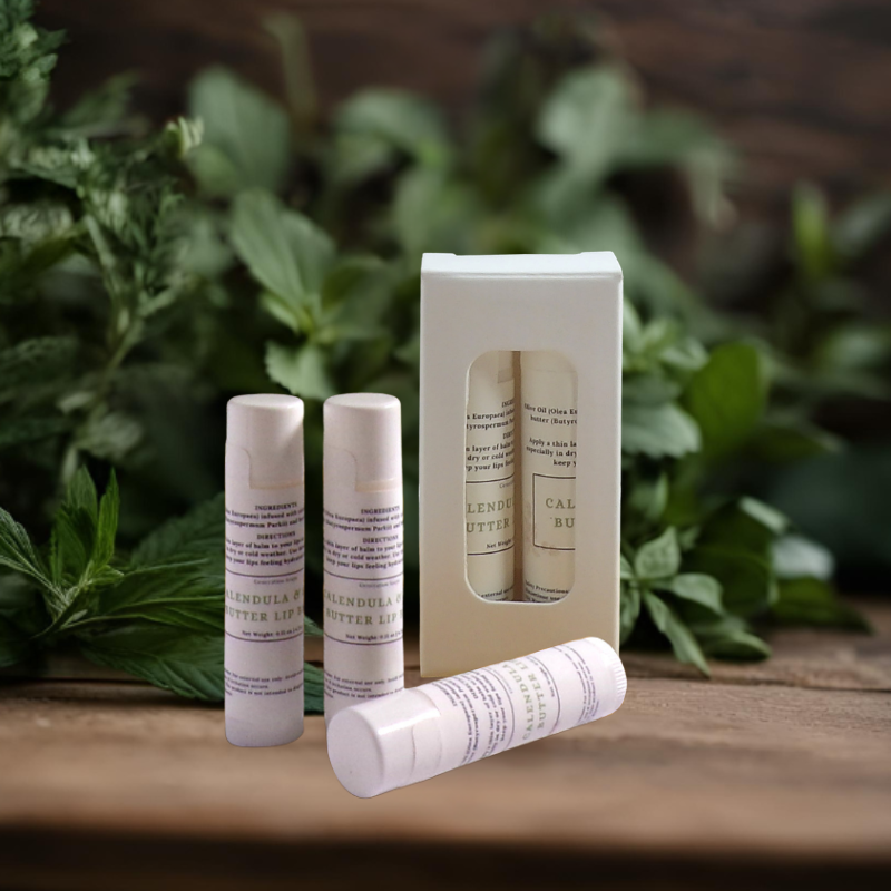 Tube of calendula and shea butter lip balm for soothing and hydrating lips