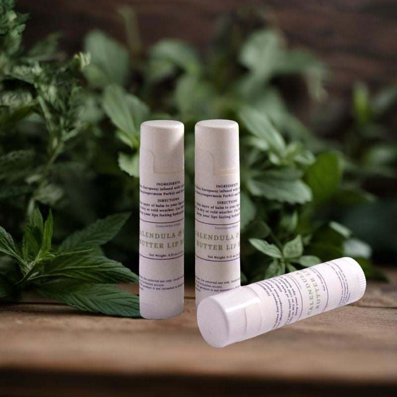 Tube of calendula and shea butter lip balm for soothing and hydrating lips