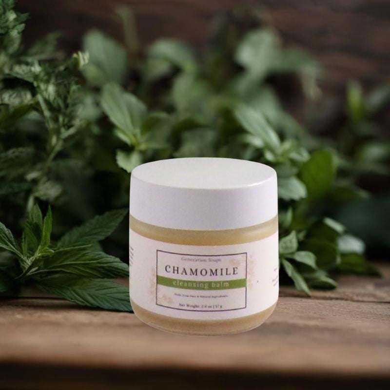 Jar of chamomile cleansing balm with avocado oil for gentle moisturizing and makeup removal