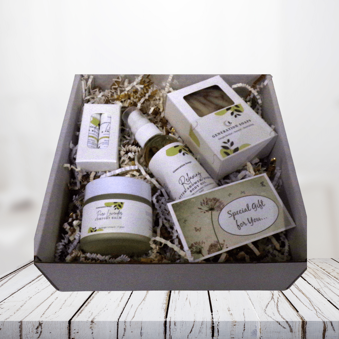 Calming Comfort Gift Set with lavender soap, herbal body oil, comfort balm, and lip balm.