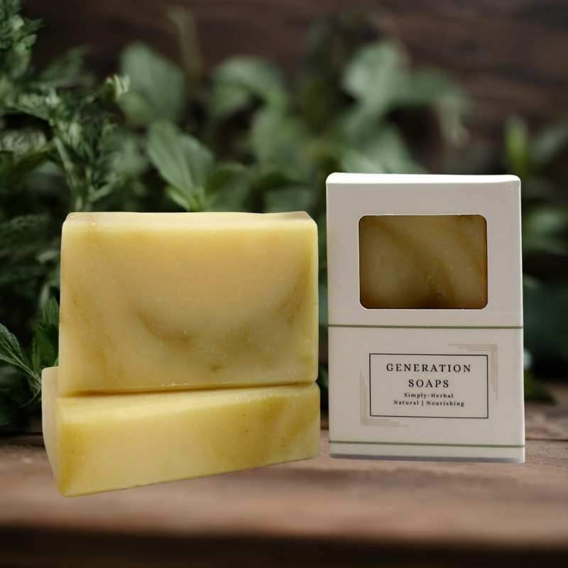 Natural soap bar with elderflowers, shea butter, and essential oils for soothing and moisturizing skin