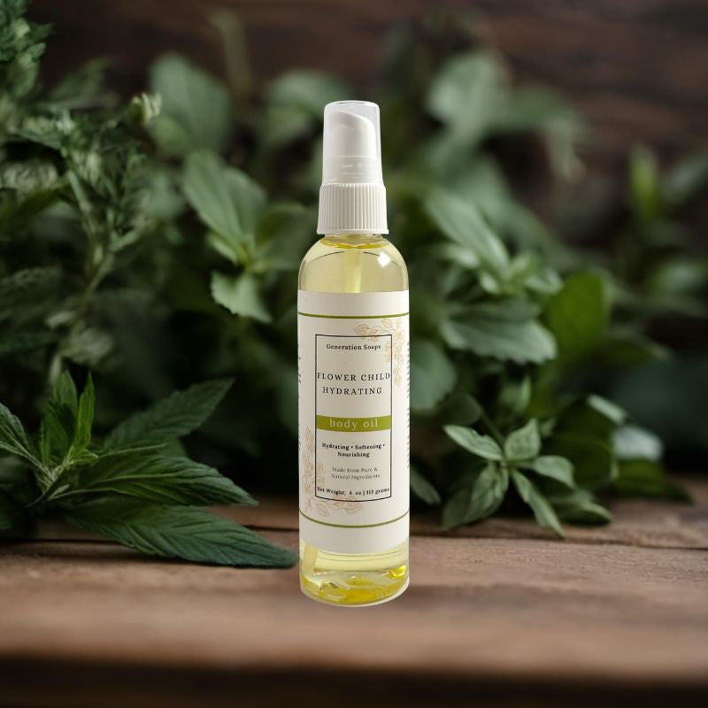 Bottle of Flower Child Hydrating Body Oil with natural botanical ingredients for skin hydration and softness