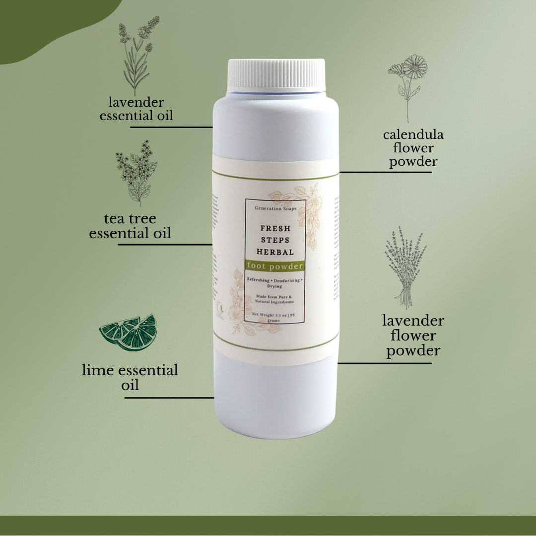 Fresh Steps Herbal Foot Powder shaker bottle with natural ingredients for fresh, dry, odor-free feet