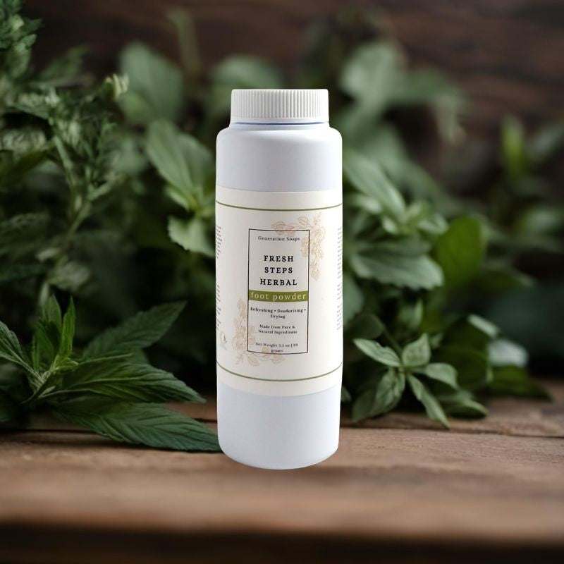 Fresh Steps Herbal Foot Powder shaker bottle with natural ingredients for fresh, dry, odor-free feet