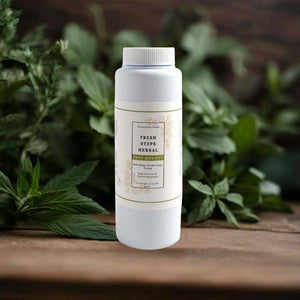 Fresh Steps Herbal Foot Powder shaker bottle with natural ingredients for fresh, dry, odor-free feet