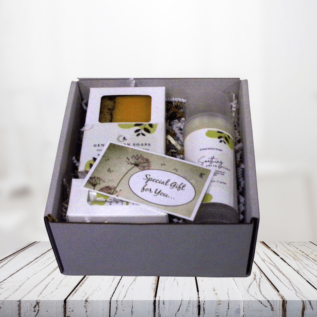 Calendula Care Trio Collection with soap, lotion bar, and lip balm on a light wooden surface.