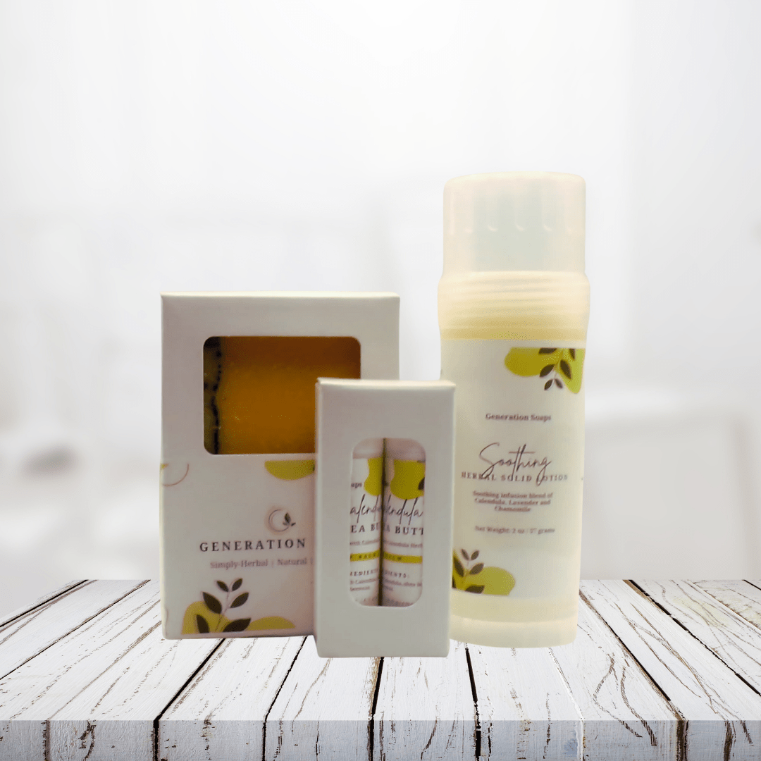 Calendula Care Trio Collection with soap, lotion bar, and lip balm on a light wooden surface.