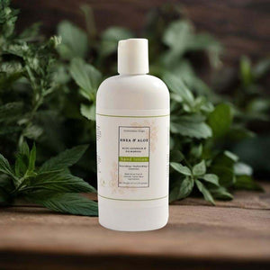 Shea and Aloe hand lotion bottle with lavender and palmarosa scent for moisturizing and soothing skin