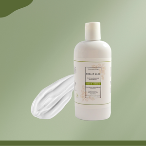 Shea and Aloe Hand Lotion bottle with lavender and palmarosa on white background for soothing, hydrating, nourishing care