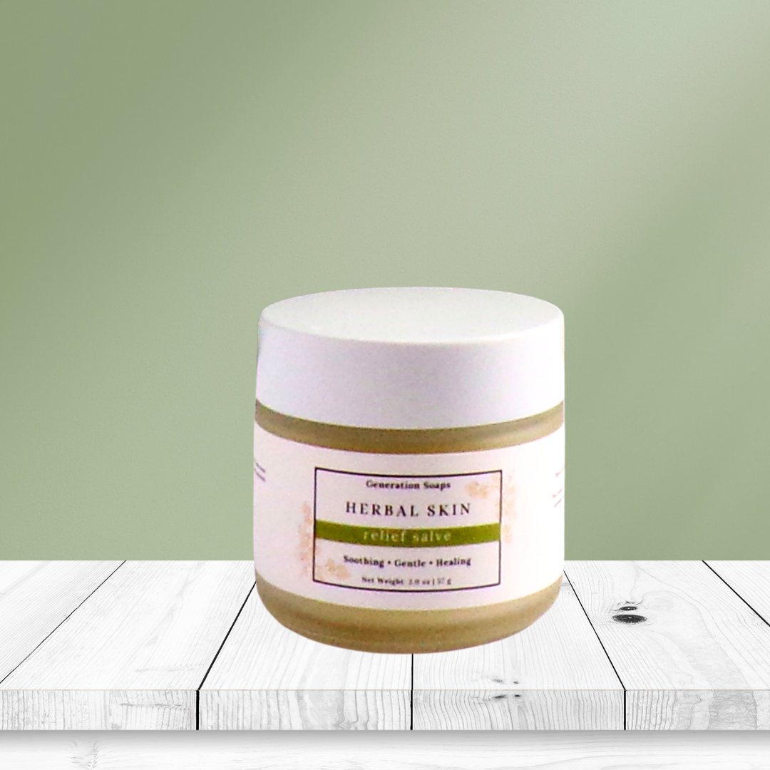 Herbal Skin Relief Salve jar with natural herbal and essential oil ingredients for soothing and healing irritated skin