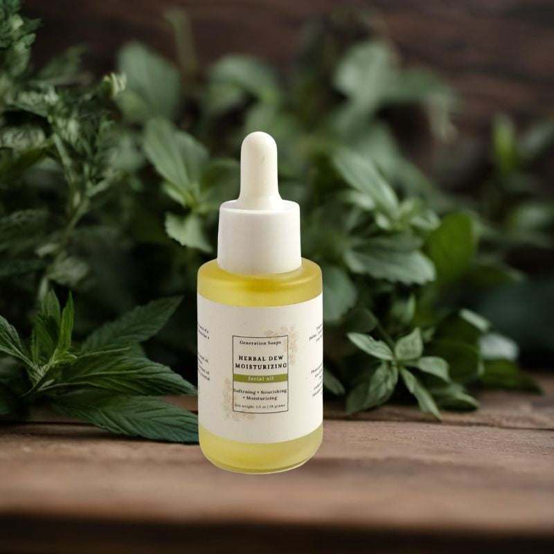 Herbal Dew moisturizing facial oil bottle with natural ingredients for soft and nourished skin